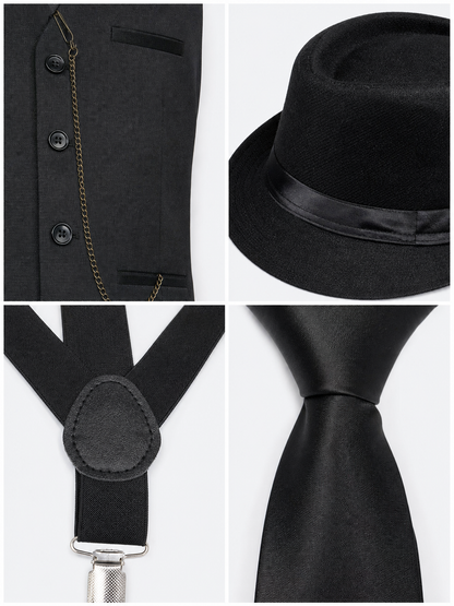 Vintage costume designed in a formal style with retro and gangster-inspired elements. The set includes a white long-sleeve shirt with a collar, a black button-front vest with lapels, a breast pocket, and lower pockets, as well as a black ne