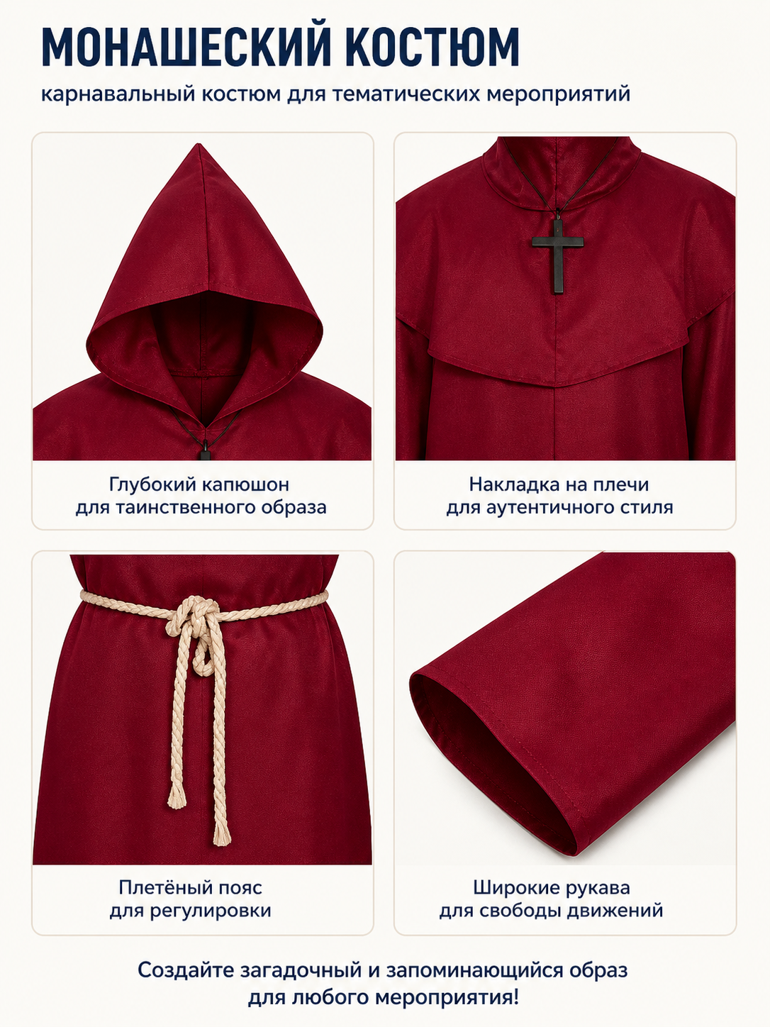 Red Monk's Robe with Hood and Cross detail view