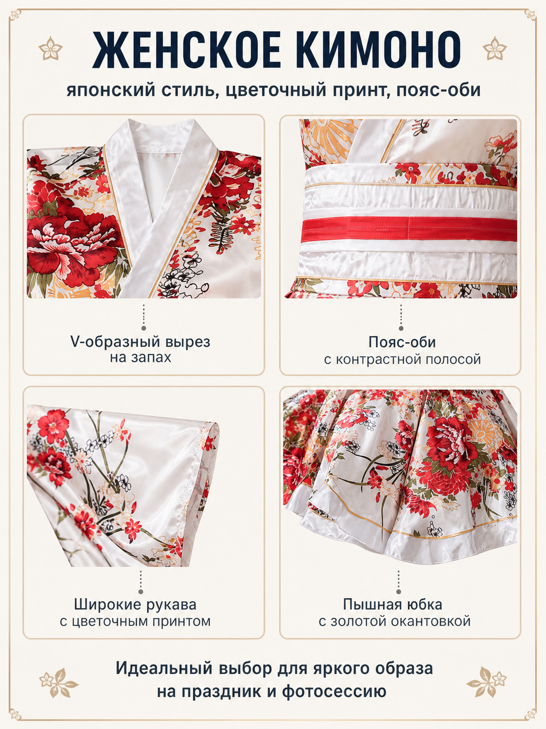 Wrap-style kimono with a full skirt and belt, peony print detail view
