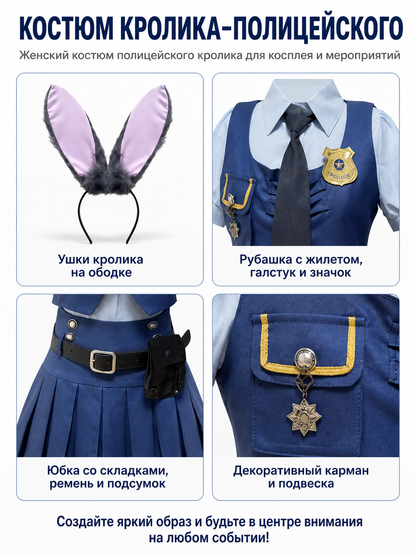 Police Officer Costume with Bunny Ears and Pleated Skirt detail view