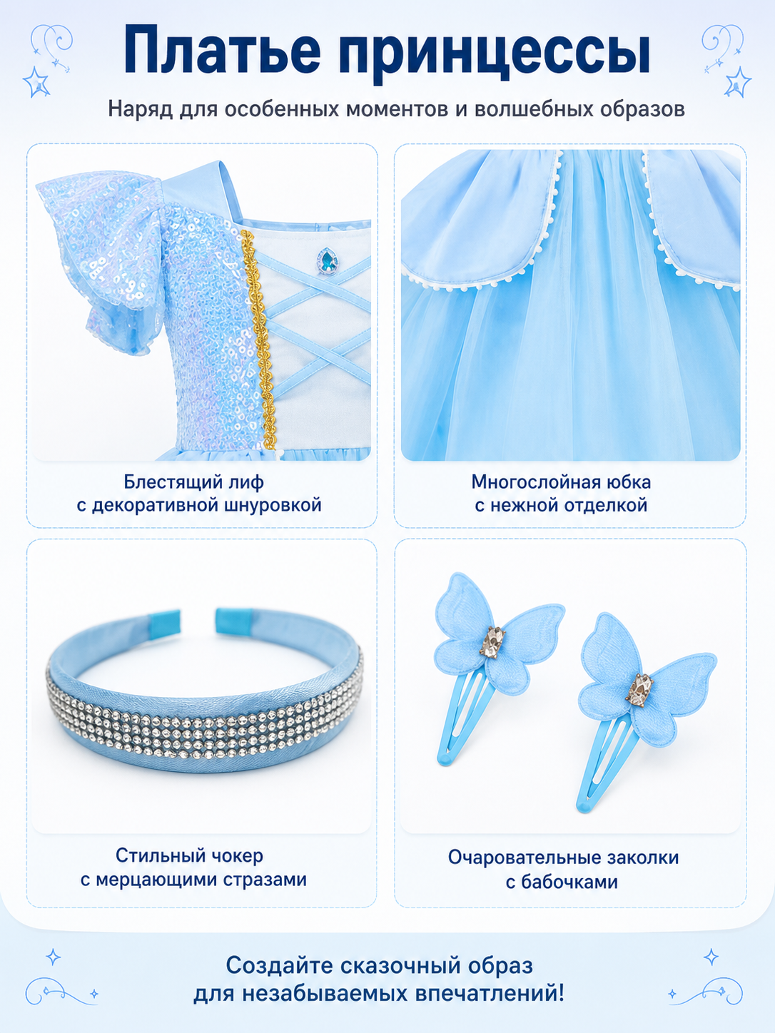 Blue Cinderella Dress, Full Skirt, with Carnival Accessories detail view
