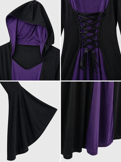 Gothic Long Hooded Dress with Lace-Up Detail detail view