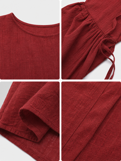 Burgundy Floor-Length Dress with Long Sleeves and Belt