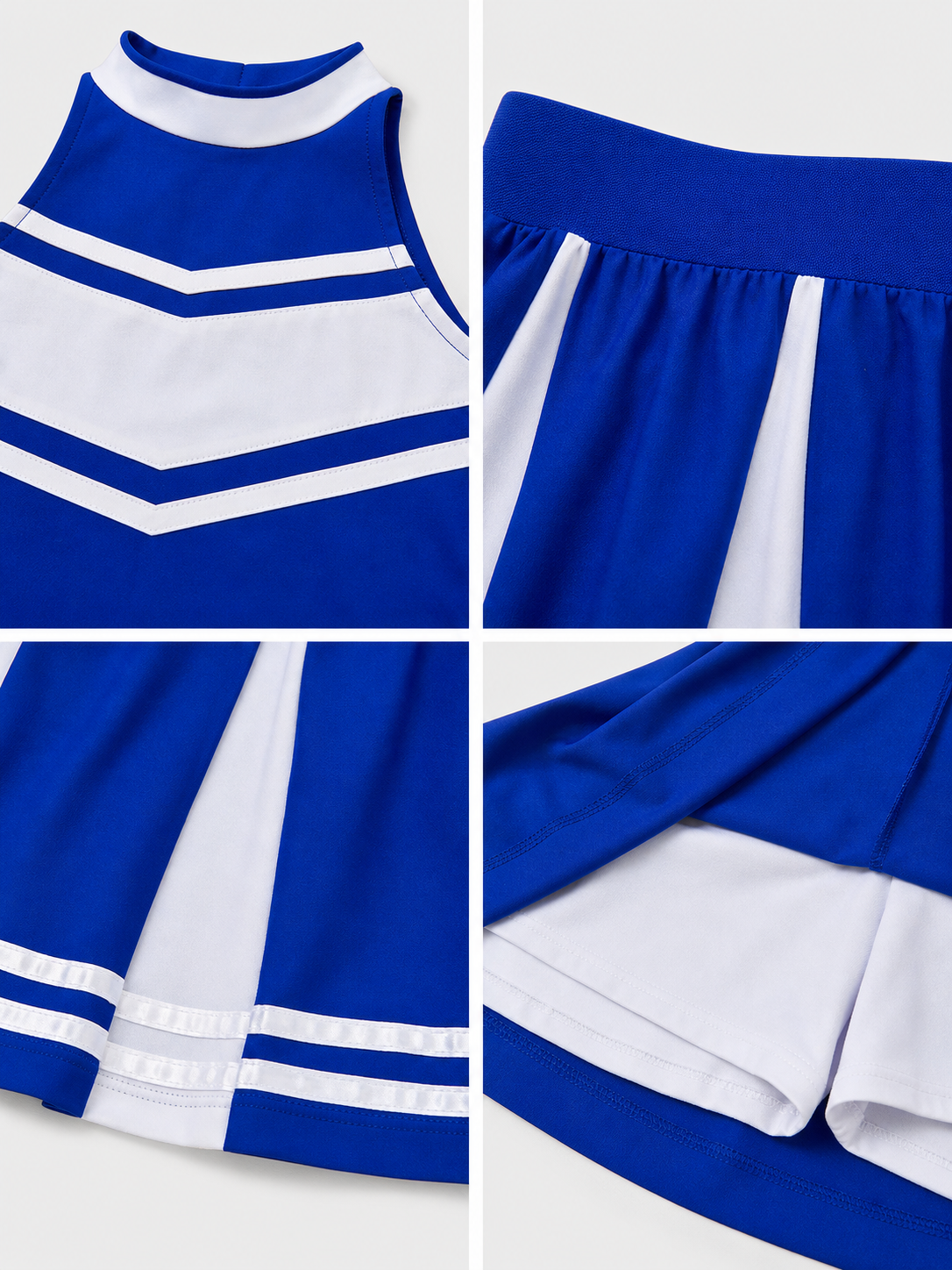 Cheerleading Costume, Top and Skirt, Blue and White detail view