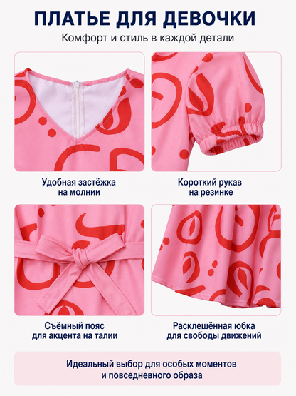 Pink cosplay dress with red print and accessories detail view