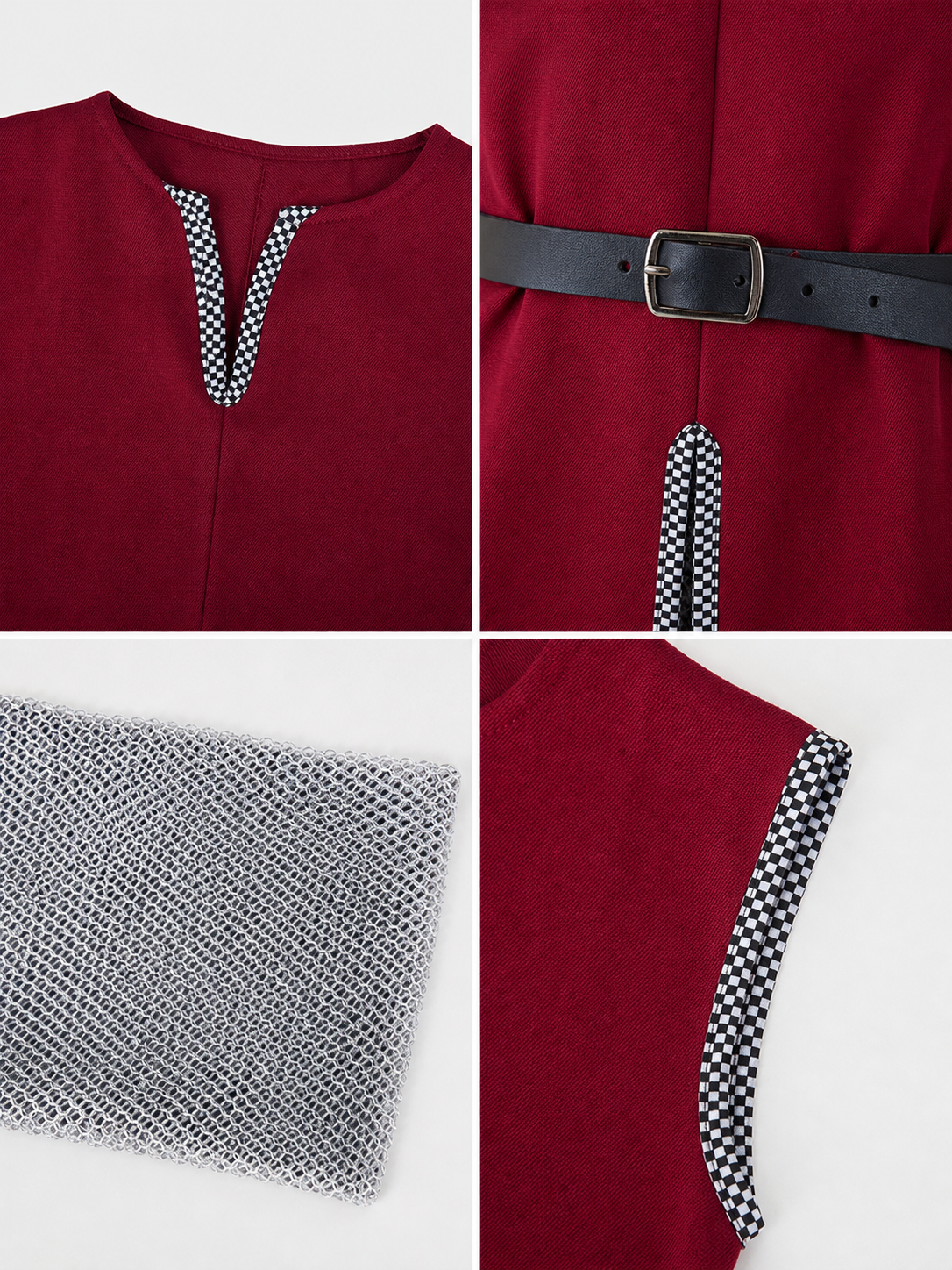 Halloween Medieval Knight Cosplay Costume Set, 3-Piece Burgundy Sleeveless Robe, Silver Chainmail Top And Black Belt For Role Play