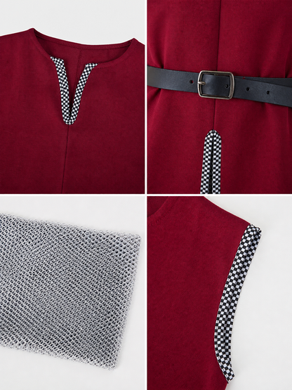 Halloween Medieval Knight Cosplay Costume Set, 3-Piece Burgundy Sleeveless Robe, Silver Chainmail Top And Black Belt For Role Play