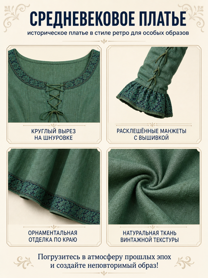 Dark Green Medieval Dress with Long Sleeves