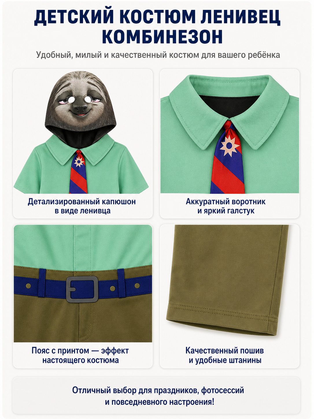 Sloth Hooded Jumpsuit Costume with Tie
