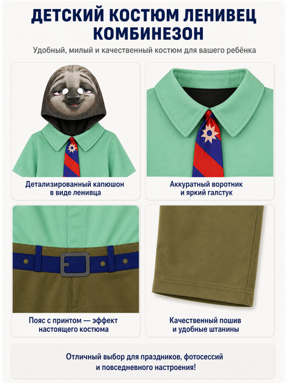 Sloth Hooded Jumpsuit Costume with Tie