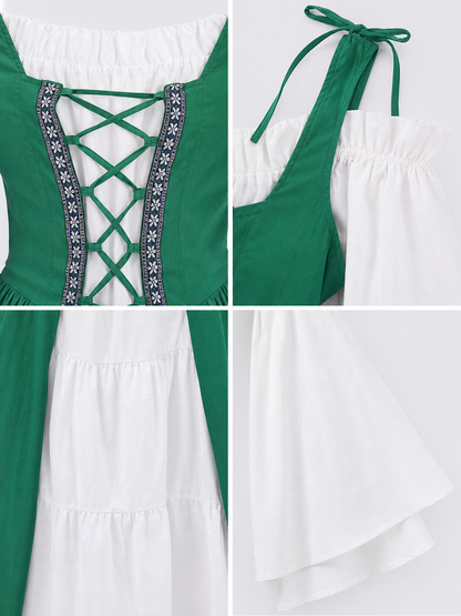 Green-and-White Medieval-Style Dress with Lacing