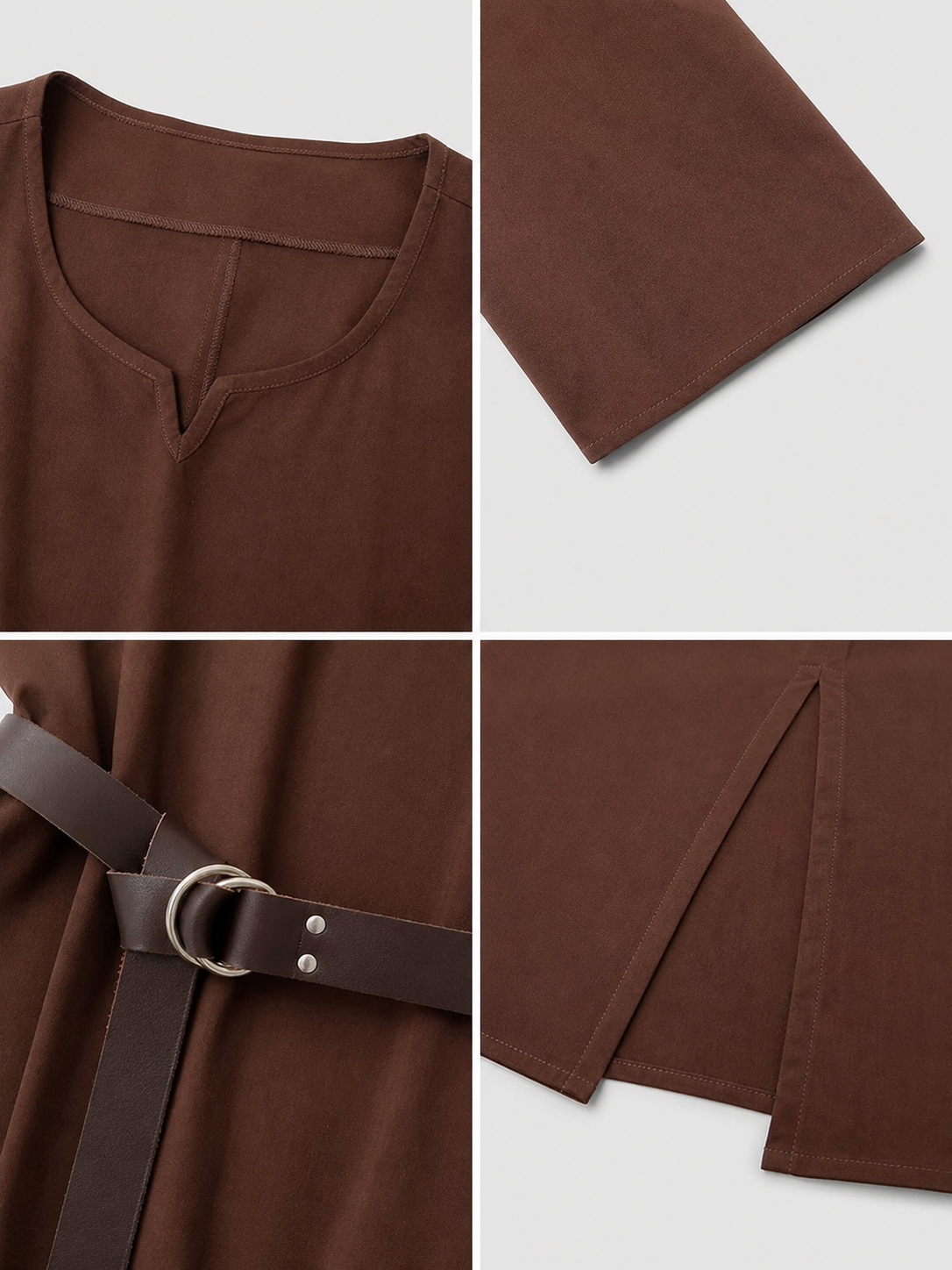 Information collage showing the brown tunic neckline, sleeve hem, belt with metal ring, and side slit details