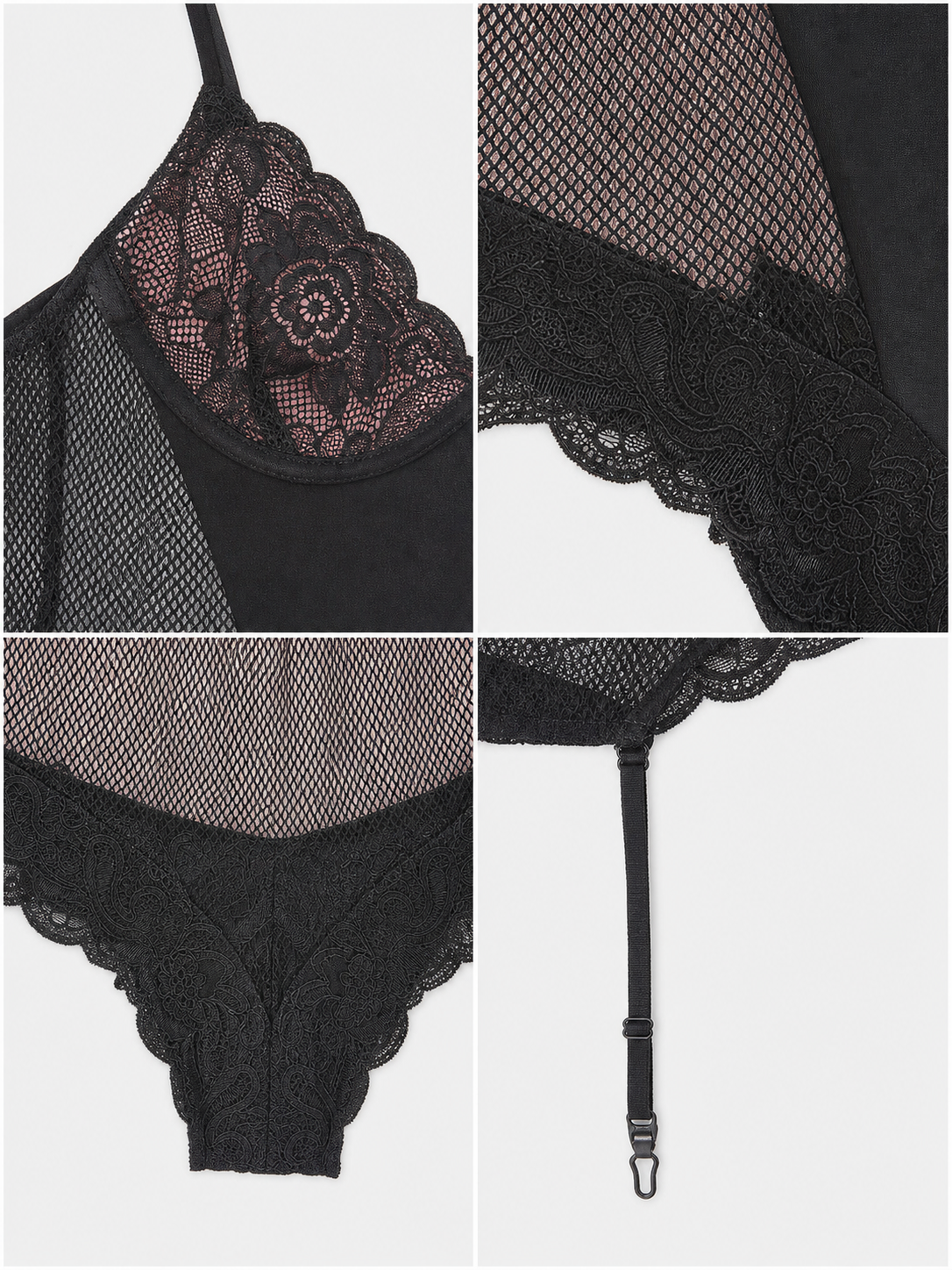 Black Lace and Mesh Bodysuit with Garters