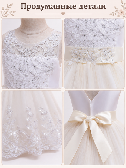 Girls' Formal Floor-Length Dress with Lace and Train