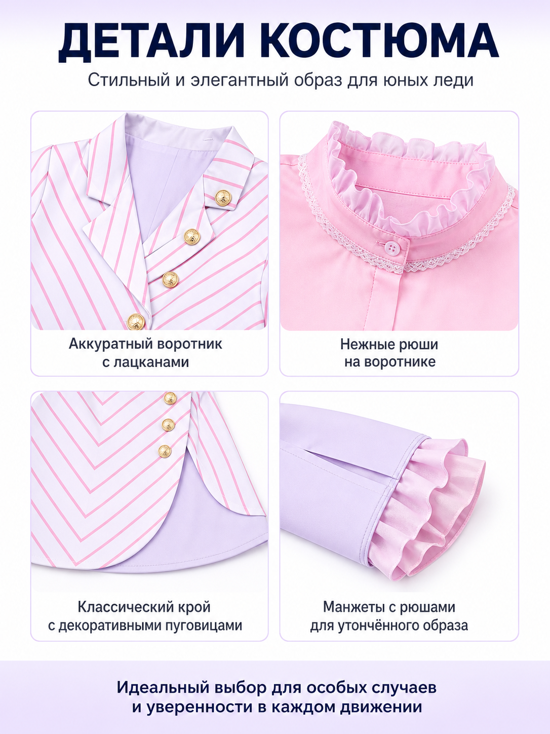 Kids Wicked Glinda Costume Set – 3 Piece Pink Striped Outfit with Gold Buttons product detail composite
