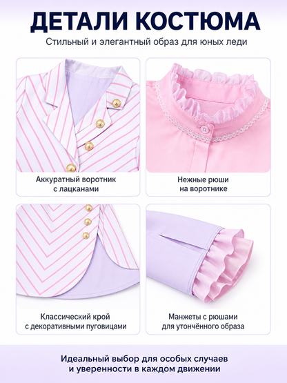 Kids Wicked Glinda Costume Set – 3 Piece Pink Striped Outfit with Gold Buttons product detail composite