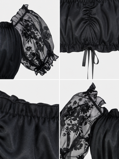 The blouse is black: the main body is made of opaque, smooth fabric