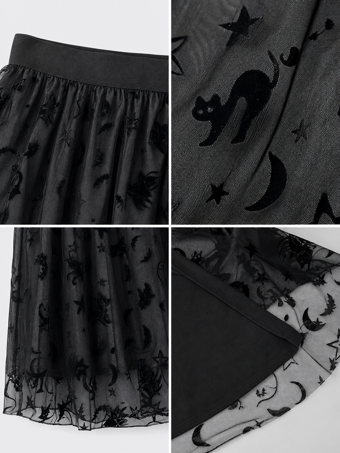 Black mesh midi skirt with bats