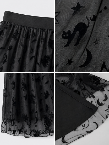 Black mesh midi skirt with bats