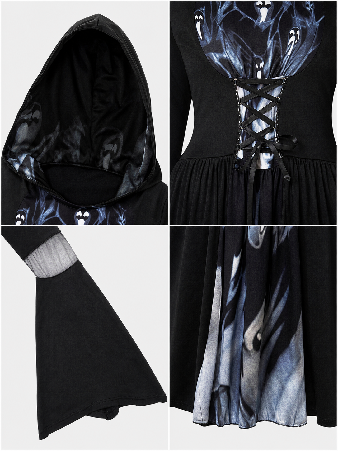 Gothic cosplay dress with hood and skulls