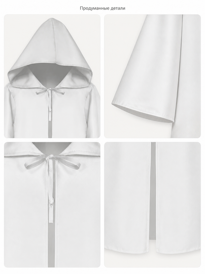 White Hooded Carnival Cloak, Long Cape detail view