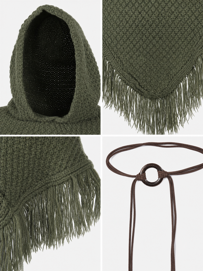 Triangular Hooded Poncho Cape with Belt