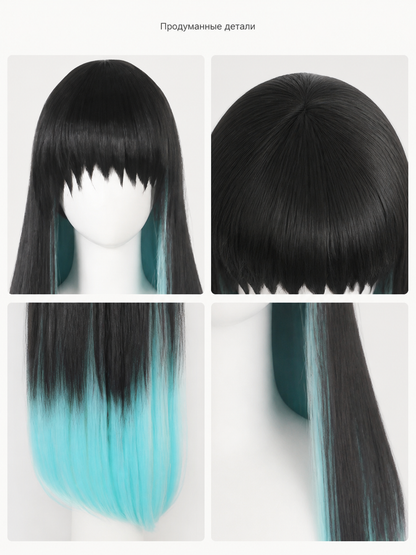 Black and Lime Green Carnival Wig for Halloween and Cosplay detail view