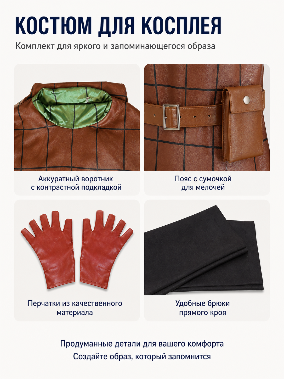 Cosplay Costume with Sleeveless Top, Pants, and Waist Bag detail view