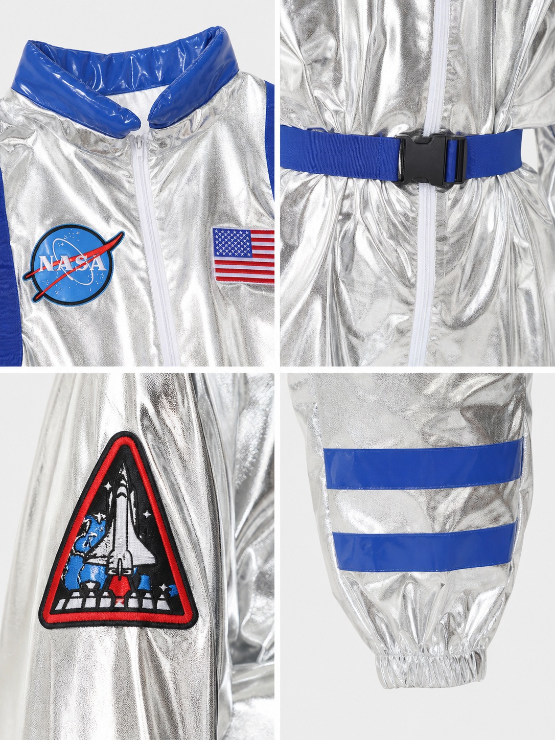 Silver NASA-Style Astronaut Jumpsuit Costume detail view
