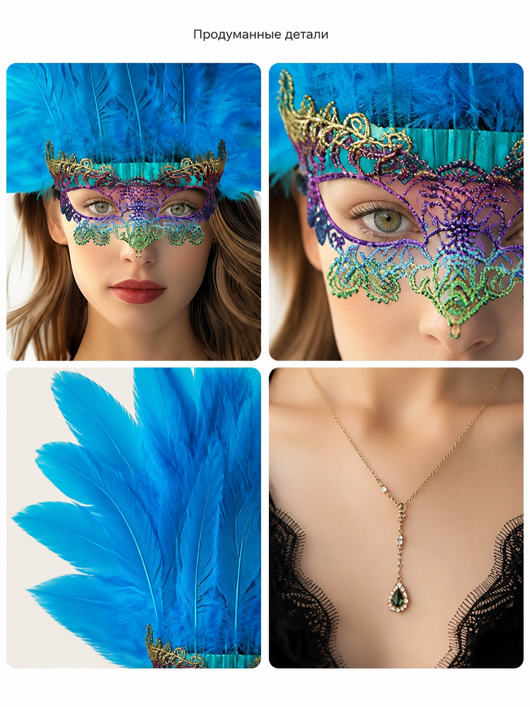 Carnival Feather Headpiece with Blue Feathers and Eye Mask detail view