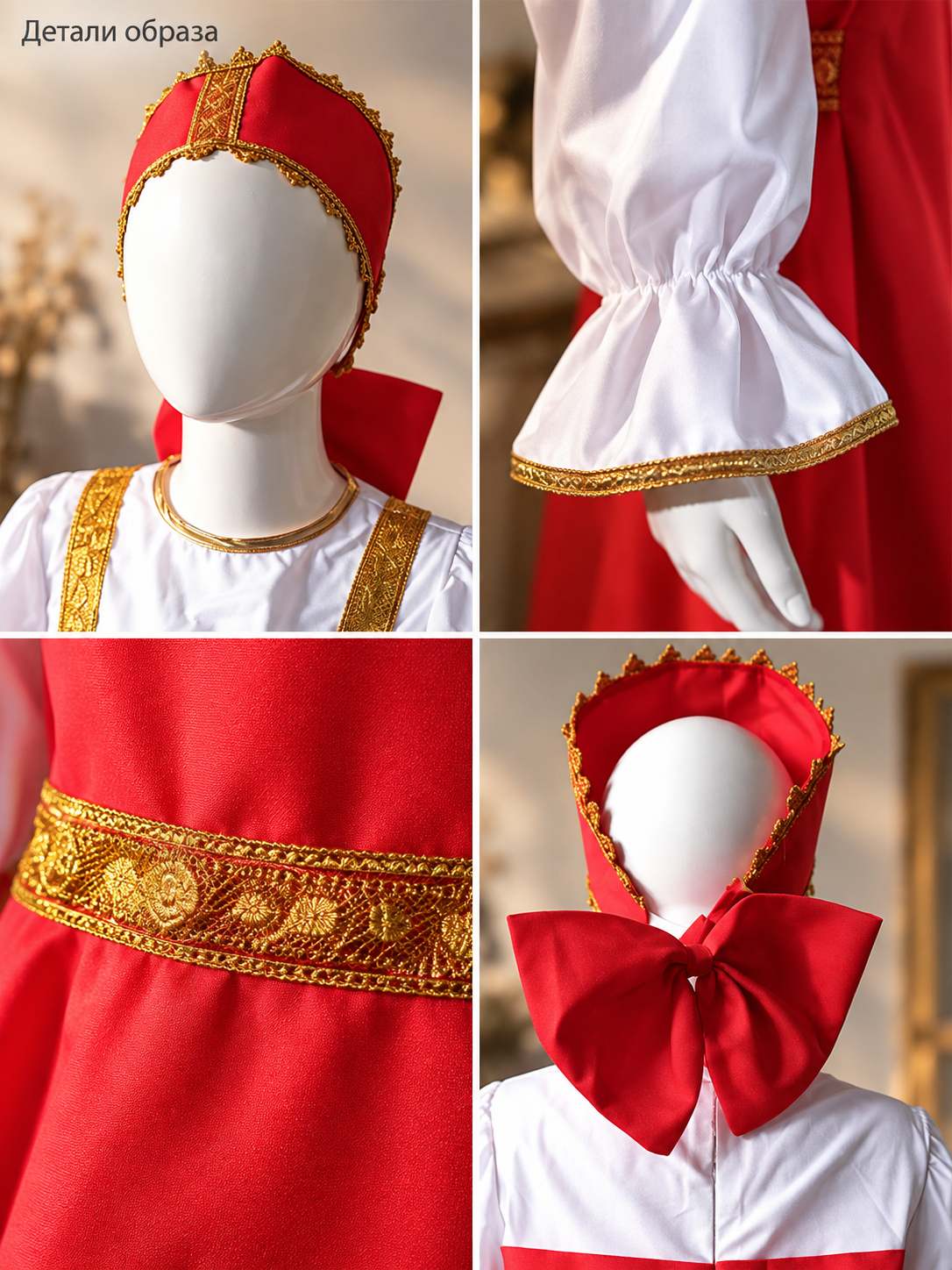gold red russian folk-style long-sleeve costume dress with headwear detail image