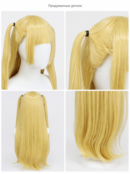 Long Blonde Wig with Bangs and Two Ponytails for Halloween detail view