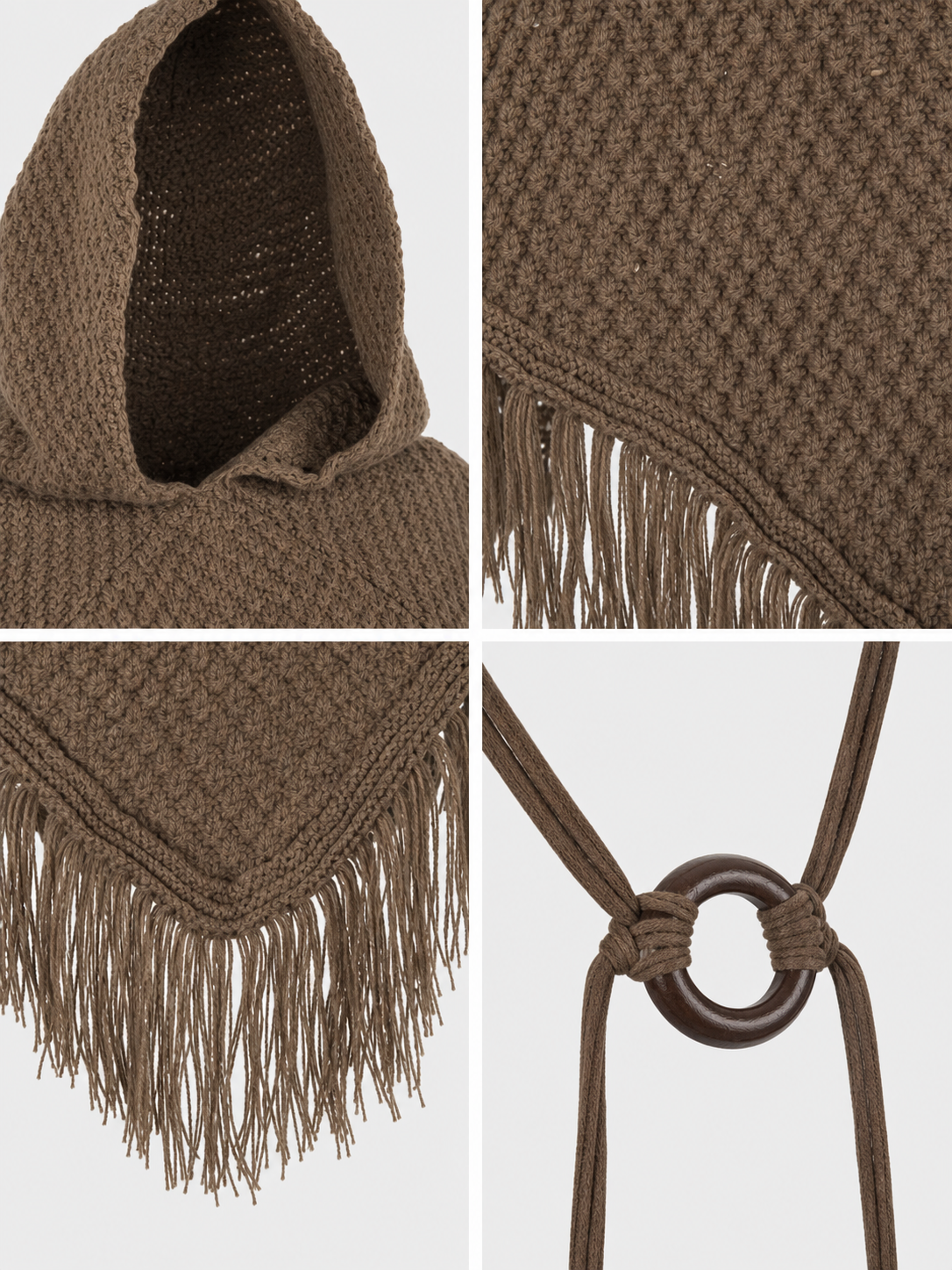 Triangle Hooded Cape with Fringe, Brown