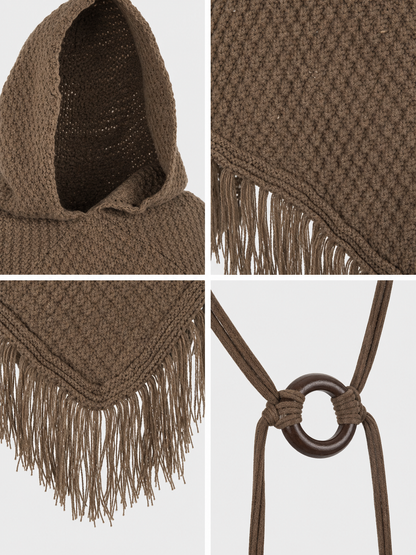 Triangle Hooded Cape with Fringe, Brown