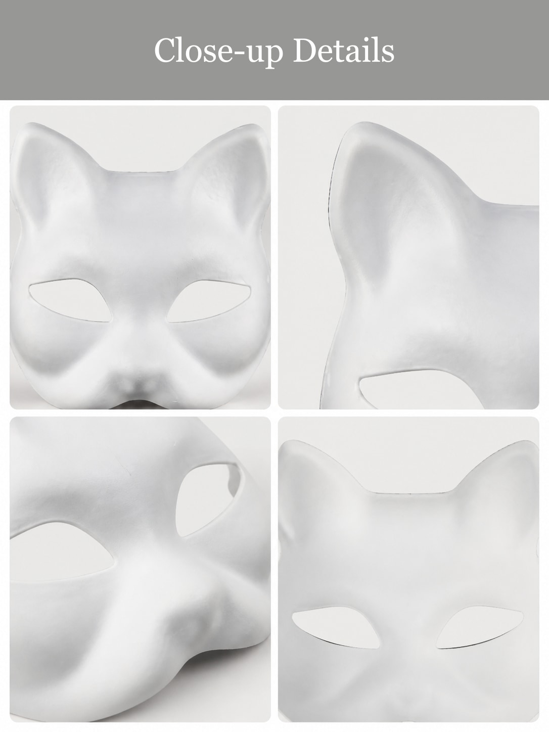 Close-up details of the white cat mask: ears, eye openings and nose contour