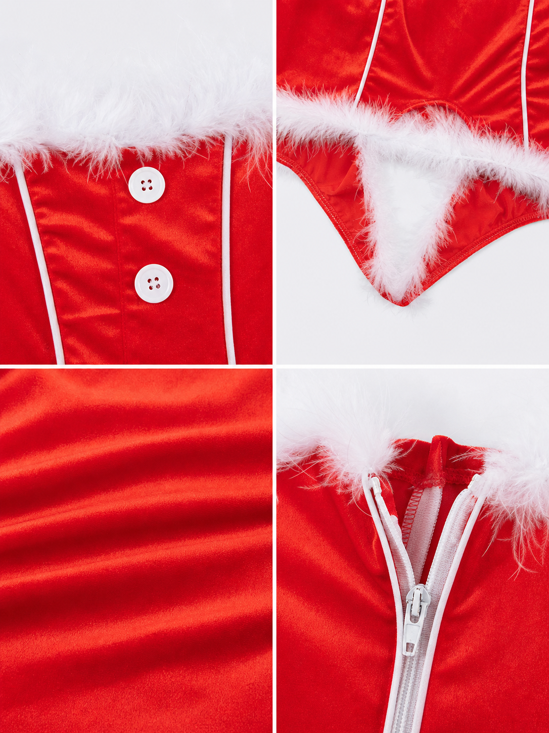 Red Christmas cosplay costume designed as a Santa Claus look. The set includes a festive costume in a red color theme with white decorative elements. The design features a sleeveless bustier silhouette, a red dress with a fitted contour, an