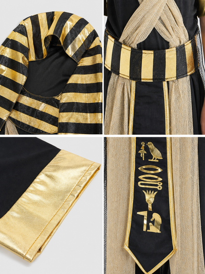 Adult Egyptian Pharaoh Costume Set, 4pcs Robe With Headdress Collar And Waist Belt, Black Gold Cosplay Outfit For Halloween Stage Performance