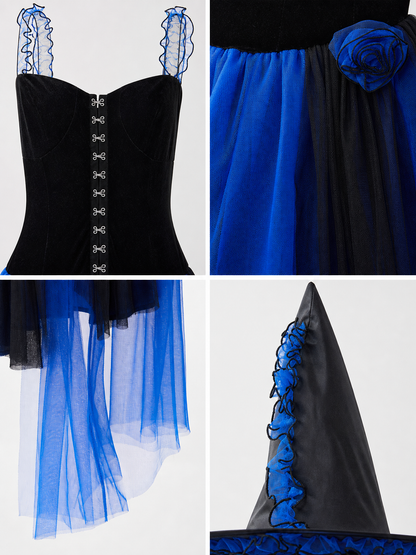 Witch Dress with Blue Roses and a Sheer Train