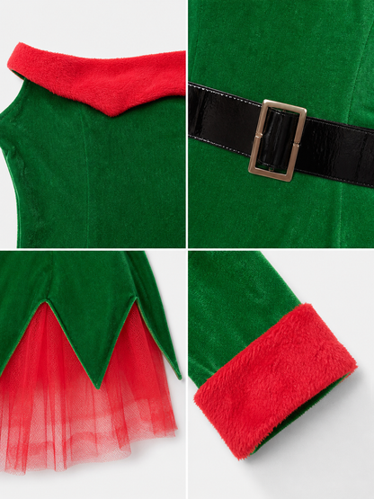Christmas Elf Costume with Green Skirt and Red Trim