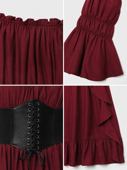 Burgundy Maxi Dress with Ruffles and Lace-Up Detail