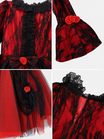 Gothic dress with roses and lace, red and black