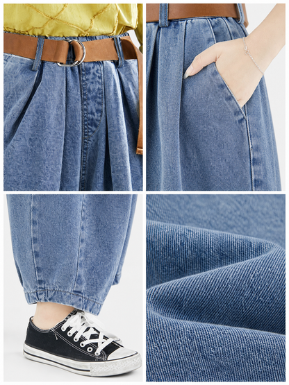 Information card showing close-ups of the pants belt and buckle, side pocket, gathered hem, and blue denim fabric texture