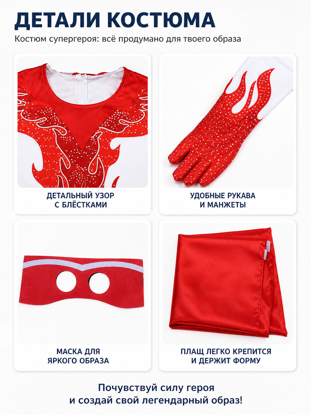 Cosplay Costume with Jumpsuit, Mask, and Cape detail view