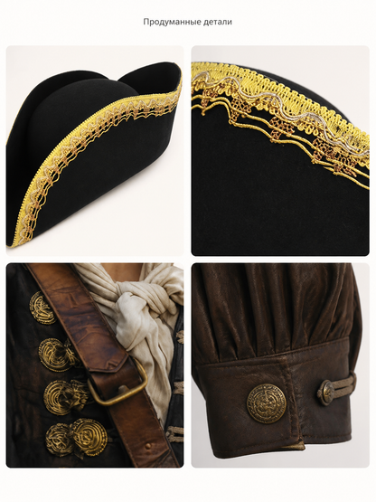 Black tricorn hat with gold trim product view 32