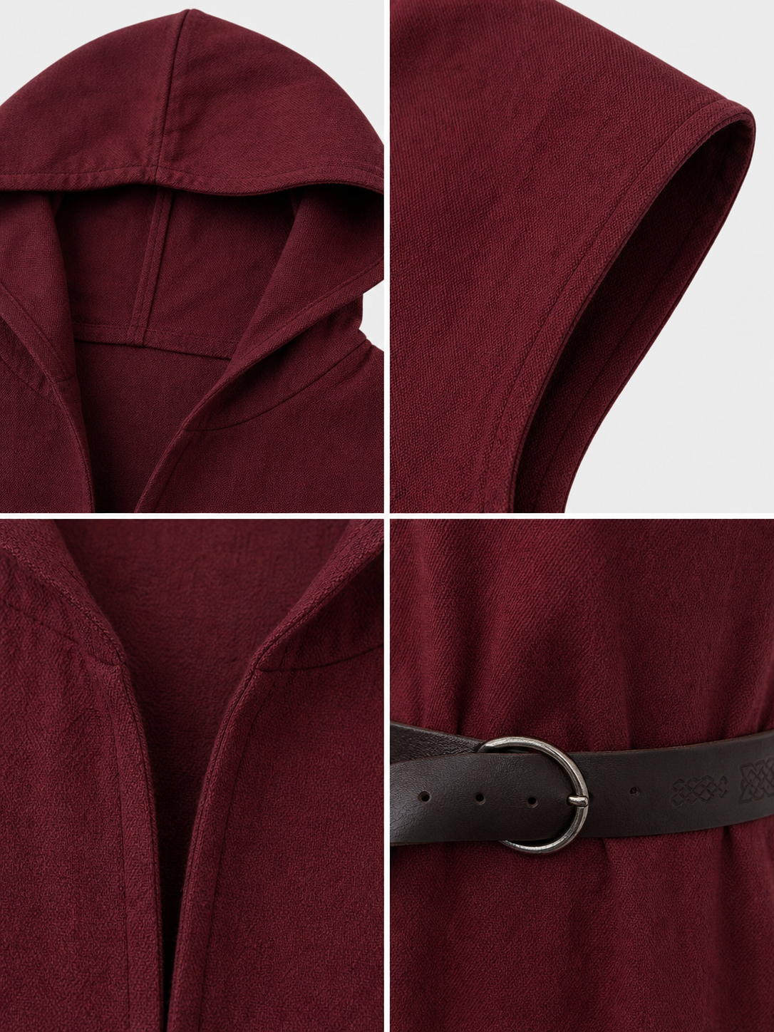 Adult Medieval Fantasy Hooded Cape, Wine Red Sleeveless Long Split-Hem Cloak