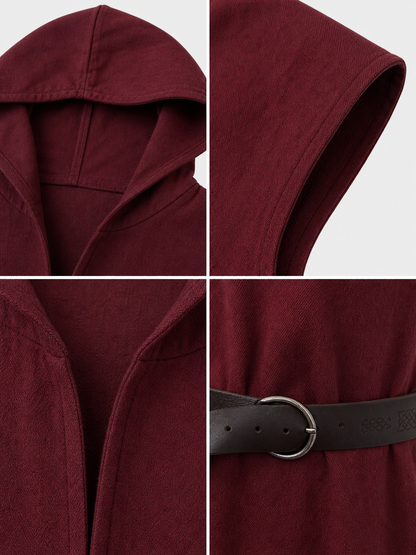 Adult Medieval Fantasy Hooded Cape, Wine Red Sleeveless Long Split-Hem Cloak
