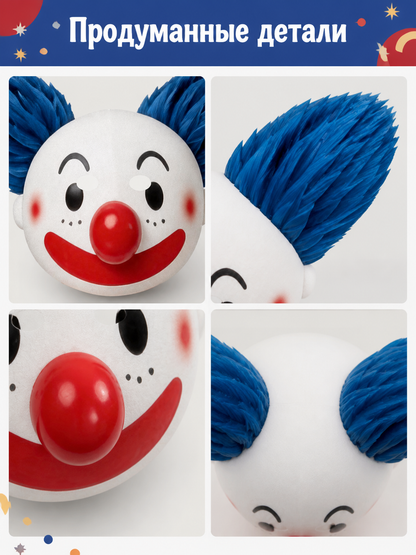 Carnival clown mask with a red nose and blue hair detail view