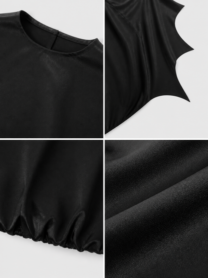 Black bat costume dress with a headband and ears for themed events. The design detail view 3