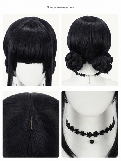 Black Cosplay Wig with Double Buns and Bangs detail view