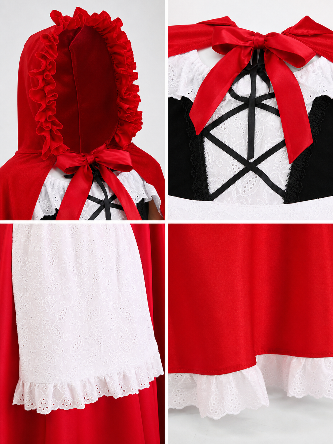 Red Riding Hood costume set designed as a dress with a cape, suitable for stage performances, festive dress-up, and themed cosplay. The set includes a costume combining a red dress with a full silhouette, a white apron-style front, and a re